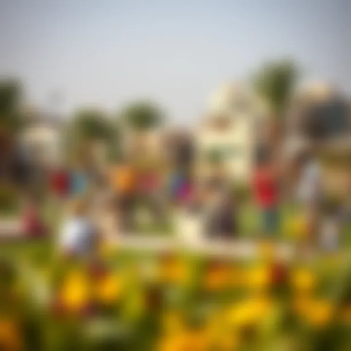 Community park in Al Shaab Village filled with families enjoying leisure time