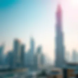 Stunning view of Prism Tower against the Dubai skyline