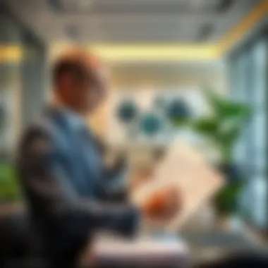 A professional looking at legal documents within a modern office space