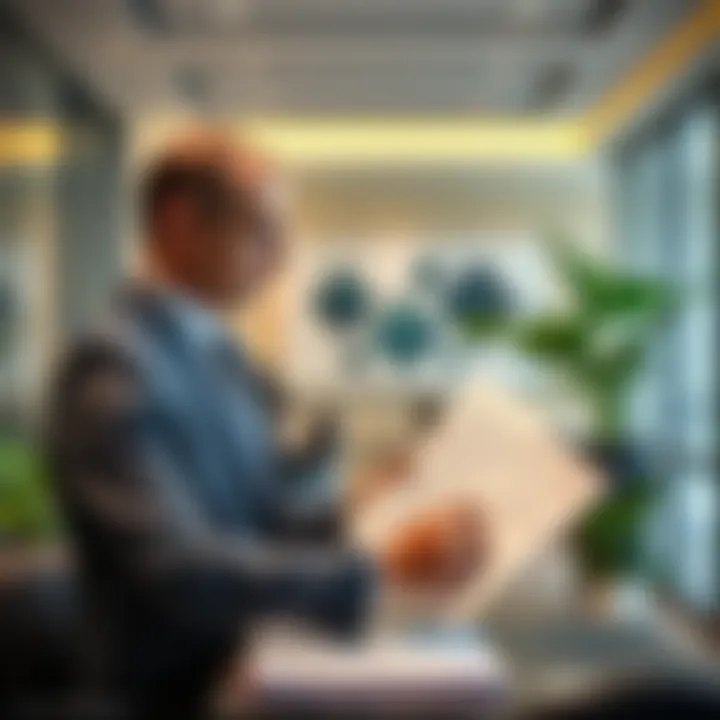 A professional looking at legal documents within a modern office space