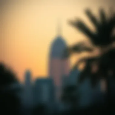 Dome Tower Jaddaf at sunset highlighting its silhouette against the skyline