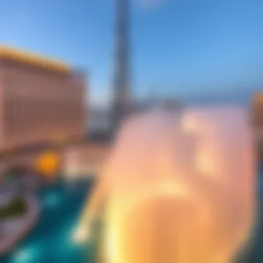 Panoramic View of Dubai Fountain and Burj Khalifa A panoramic view of the Dubai Fountain with Burj Khalifa in the background