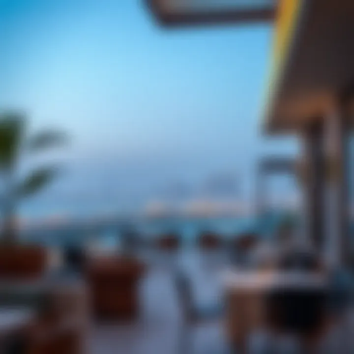 Luxurious outdoor dining area with a view of Arjan's skyline