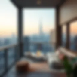 Stylish balcony with urban skyline view