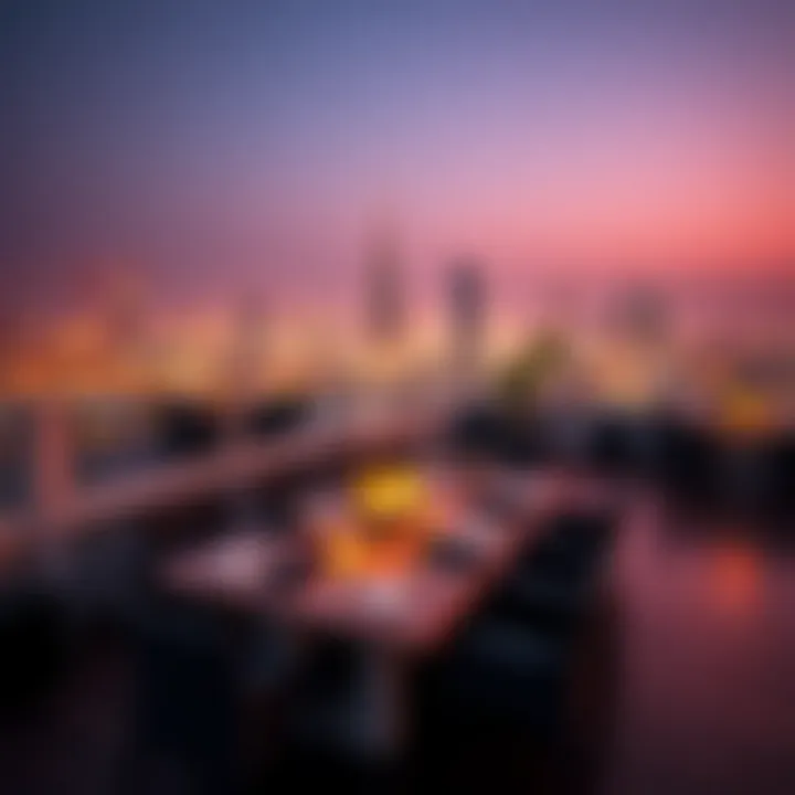 Elegant outdoor dining setup with city lights in the background.
