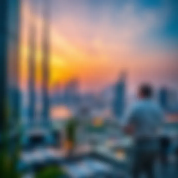 Stunning view of Dubai skyline from a rooftop restaurant at sunset.