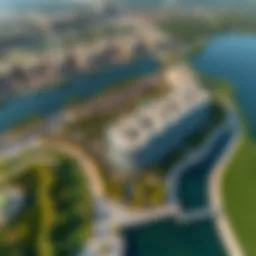 Aerial view of Damac Lakeside showcasing its stunning architecture and surrounding greenery