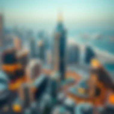 Aerial view of Dubai skyline with MBK Tower prominently displayed