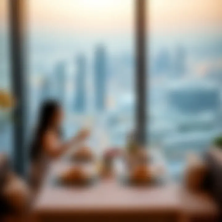 Dining with a View: Skyline Romance An elegant dining setup overlooking the city skyline, ideal for intimate dinners.