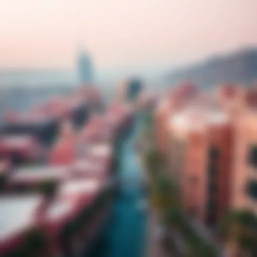 A stunning aerial view of Pink Dubai showcasing its vibrant architecture