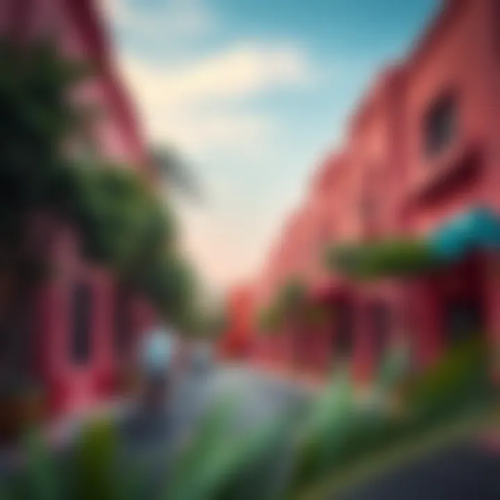 The lush, vibrant streets of Pink Dubai adorned with colorful art installations