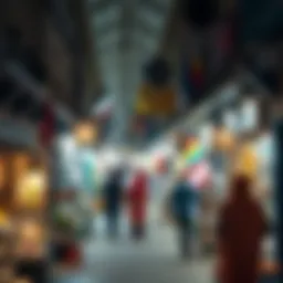 A vibrant scene of a traditional souk bustling with activity
