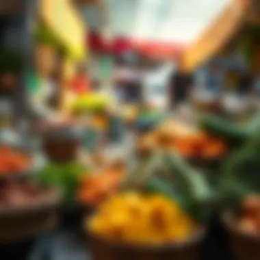 A vibrant market scene showcasing ingredients used in traditional Dubai breakfasts