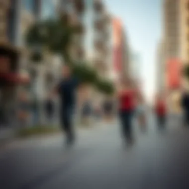 Engagement in Fitness Amidst Urban Life A vibrant street scene showcasing individuals engaging in various forms of exercise