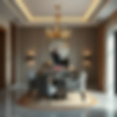 An elegant dining area featuring a modern chandelier