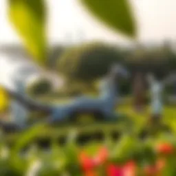 A panoramic view of the Jaddaf Waterfront Sculpture Park showcasing diverse sculptures amid lush greenery