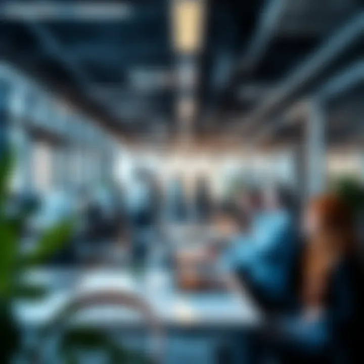 A bustling real estate office environment with professionals discussing projects