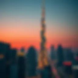 Nassima Tower at sunset illuminating the Dubai skyline