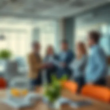 Collaborative Energy Among Agents Real estate agents discussing strategies in a vibrant office