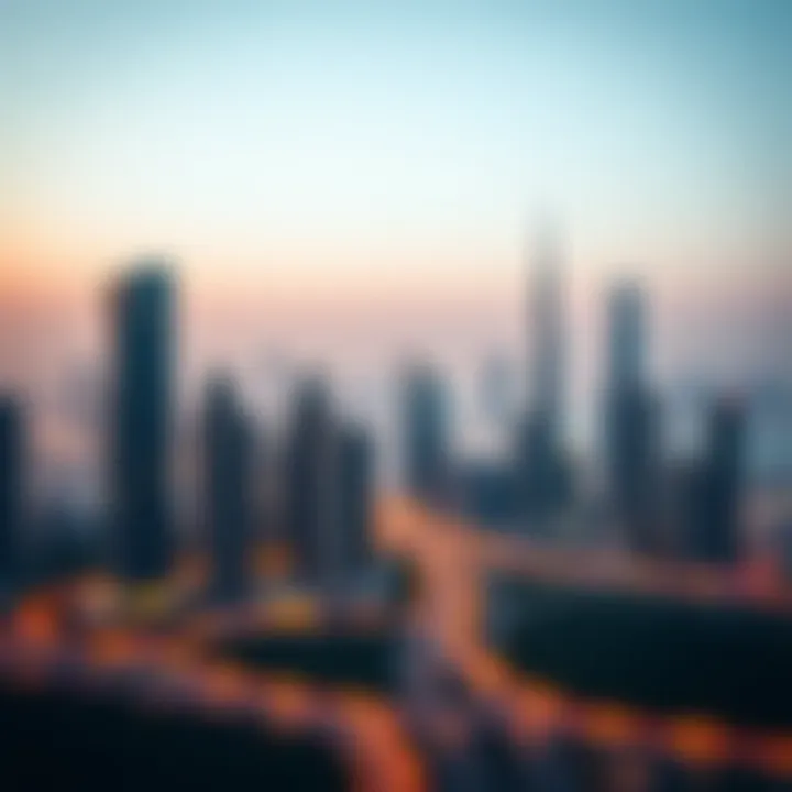 Panoramic view of Dubai skyline with Suburbia Towers in the foreground