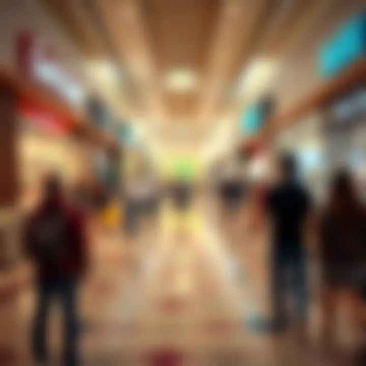 Engagement in Retail Activities Interior view of a bustling strip mall with shoppers engaged in various activities.
